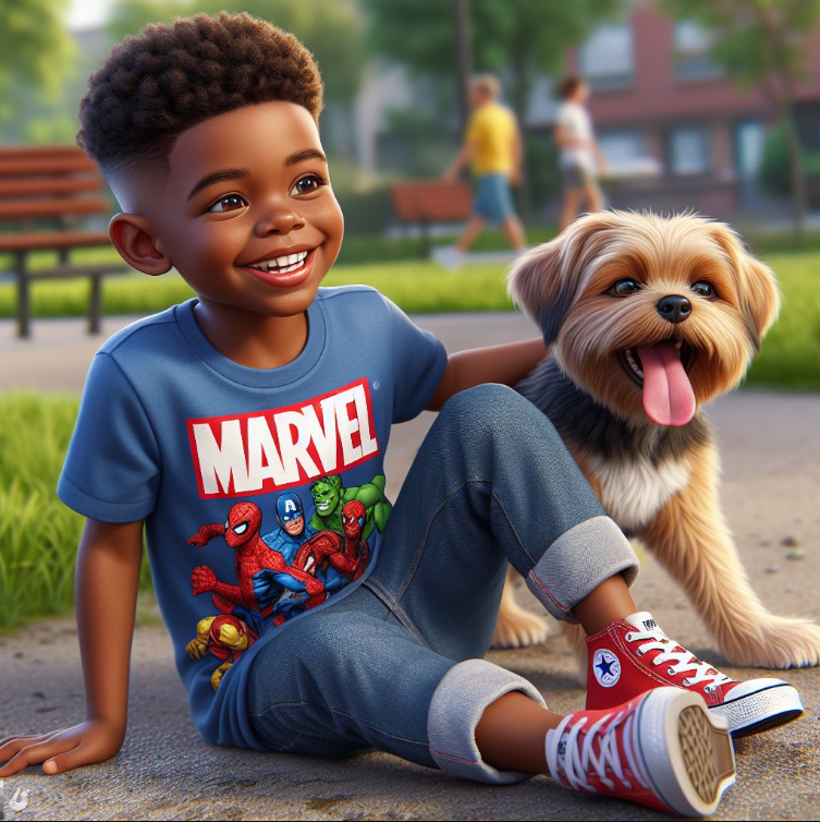 Digital illustration of a smiling Black boy in a Marvel t-shirt sitting with a Yorkshire Terrier dog in a park setting, created using 3D rendering techniques